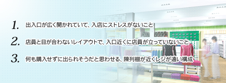 ［画像］1.出入口が広く開かれていて、入店にストレスがないこと 2.店員と目が合わないレイアウトで、入口近くに店員が立っていないこと 3.何も購入せずに出られそうだと思わせる、陳列棚が近くレジが遠い構成